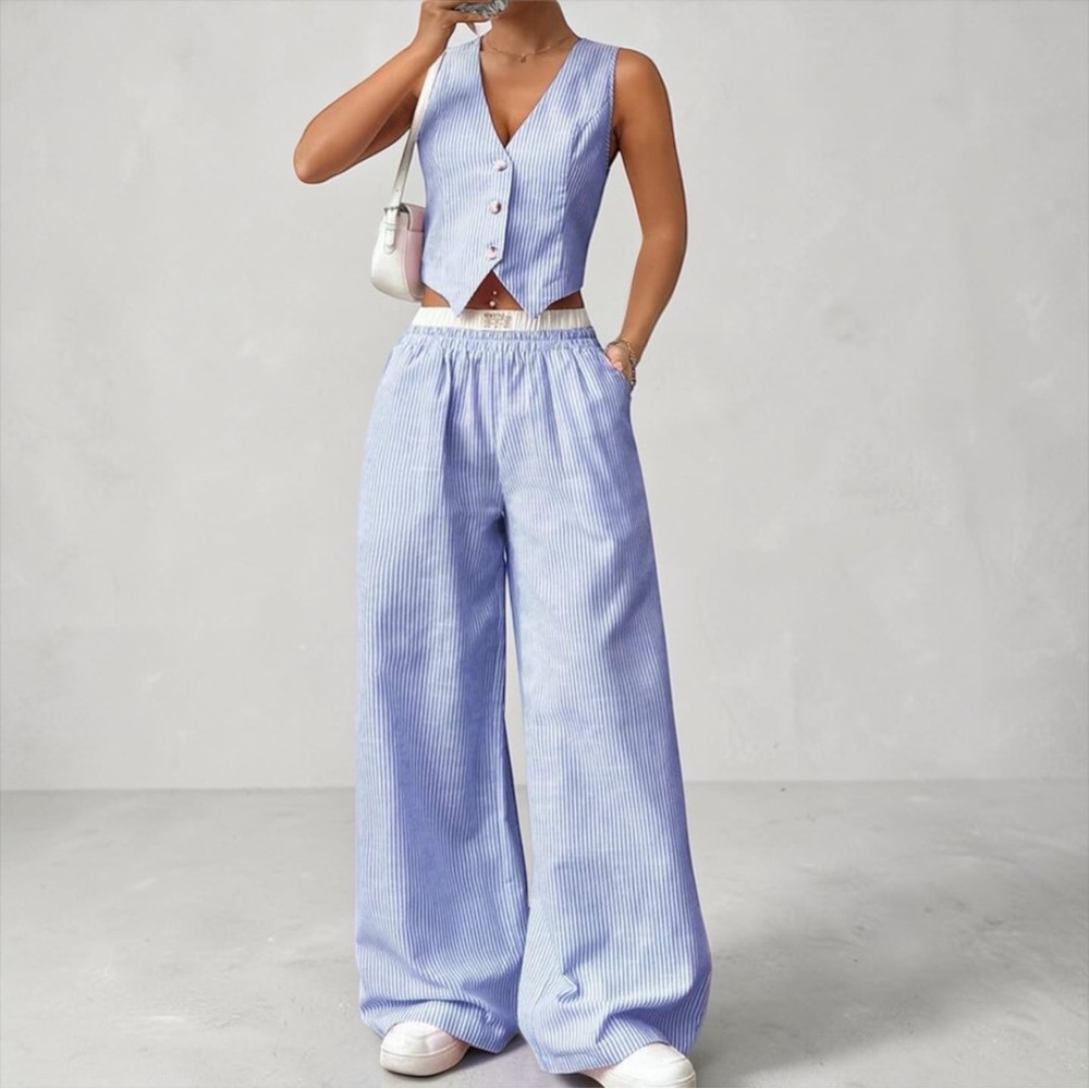 Sz L Private Label Blue Striped Vest and Pants Set New